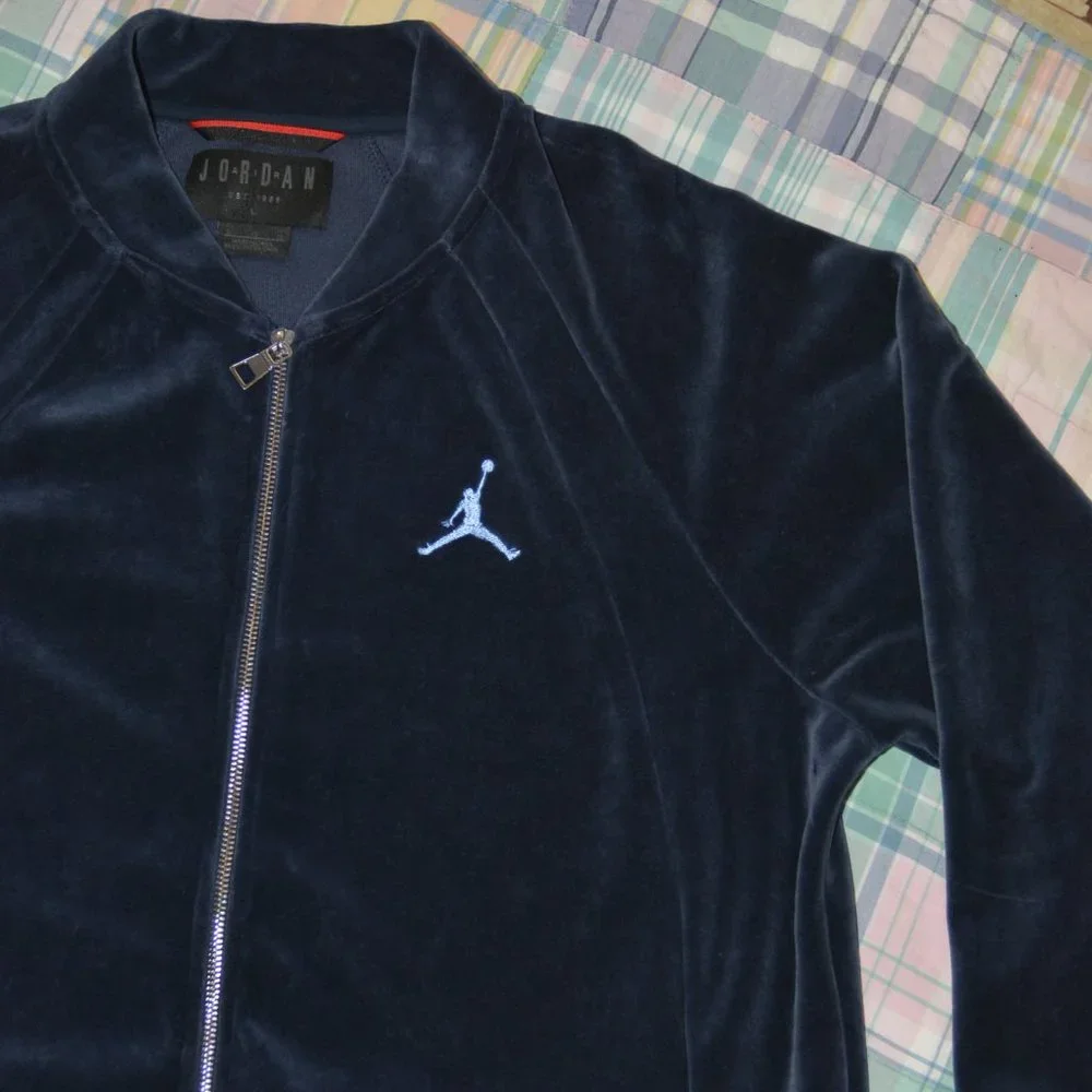 Jordan Men's Navy Blue Velour Zip-Front Sweater with Light Blue Jumpman